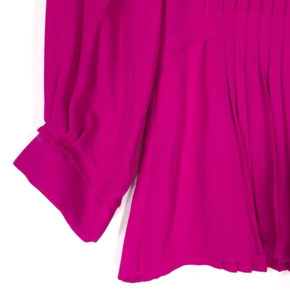 Theory Women's Top 100% SILK Pleated MEDIUM Shirt Hidden Button LS Pink Fuchsia - Picture 8 of 10